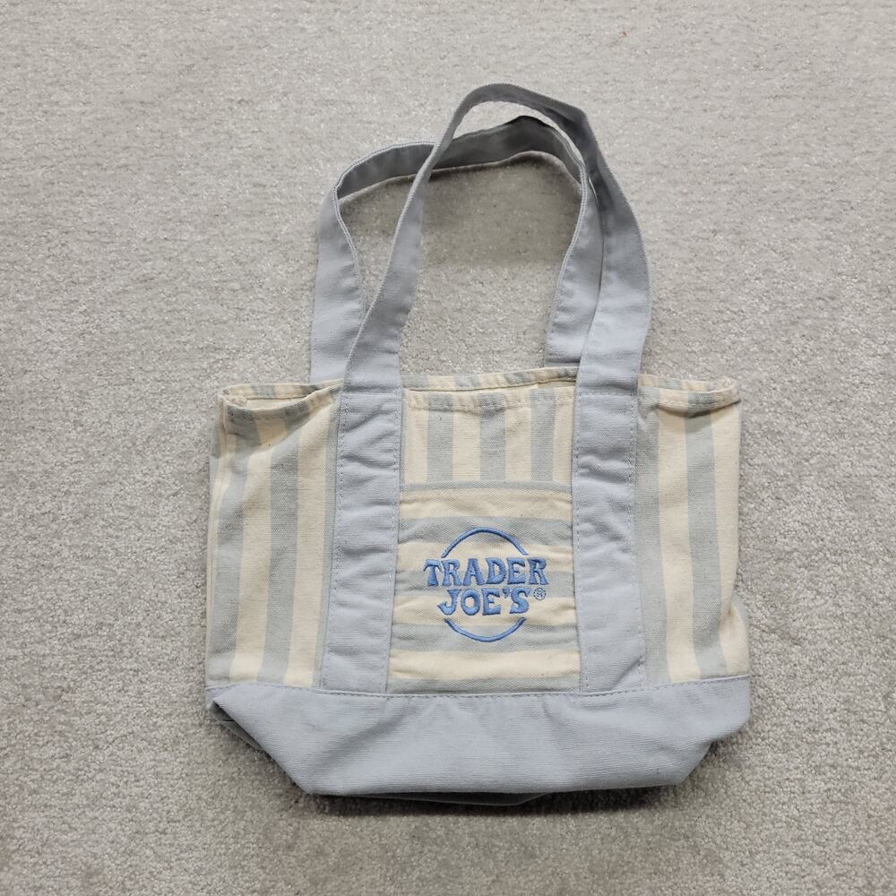Trader Joe’s Canvas Tote Bag Blue White Striped Embroidered Logo Reusable